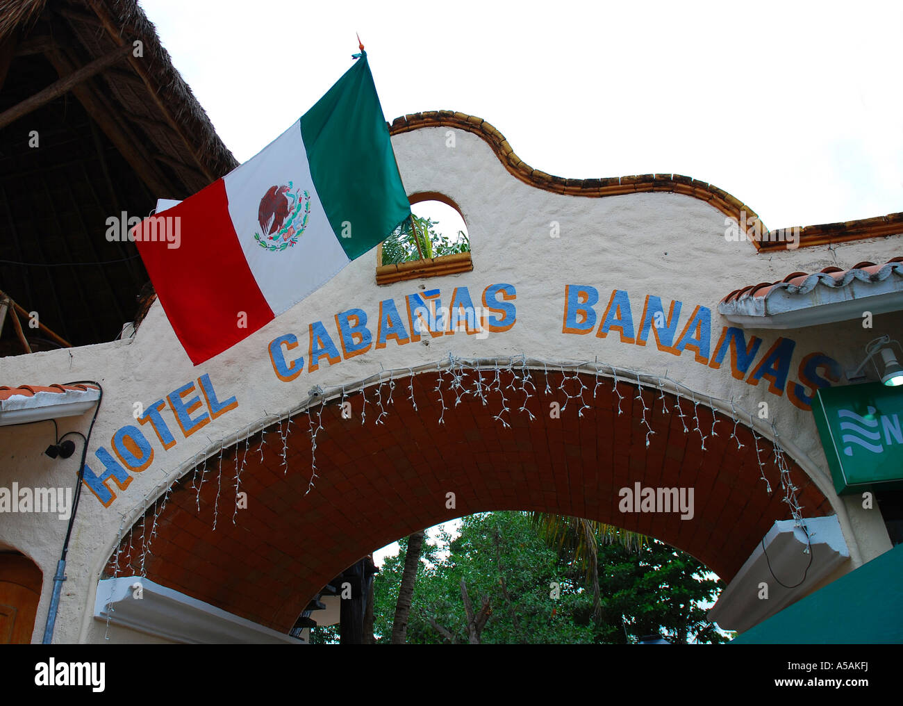 Hotel Cabañas banane è uno dei tanti hotel sulla strada turistica della Quinta Avenue in Playa del Carmen in Messico Foto Stock