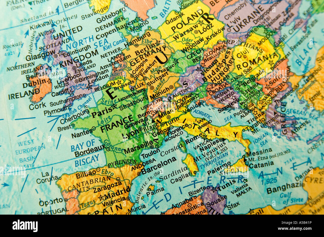 Vista mappa dell'Europa. Foto Stock