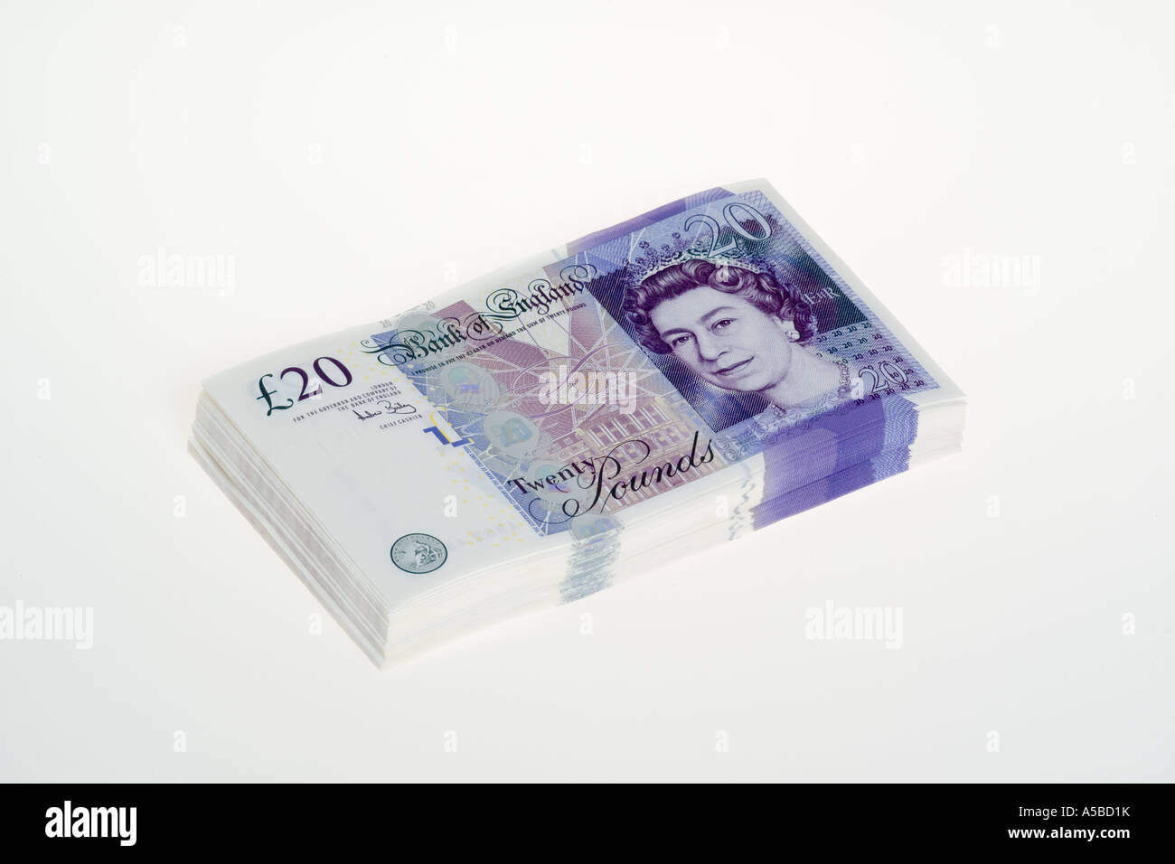 Pila di venti 20 pound note nuovo 2007 design Foto Stock