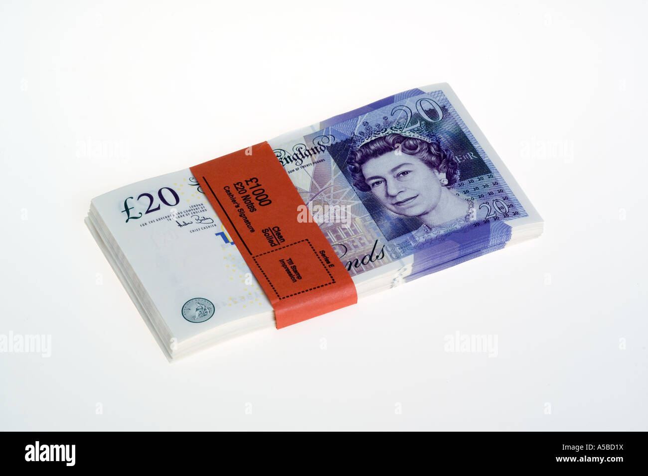 Pila di venti 20 pound note nuovo 2007 design Foto Stock