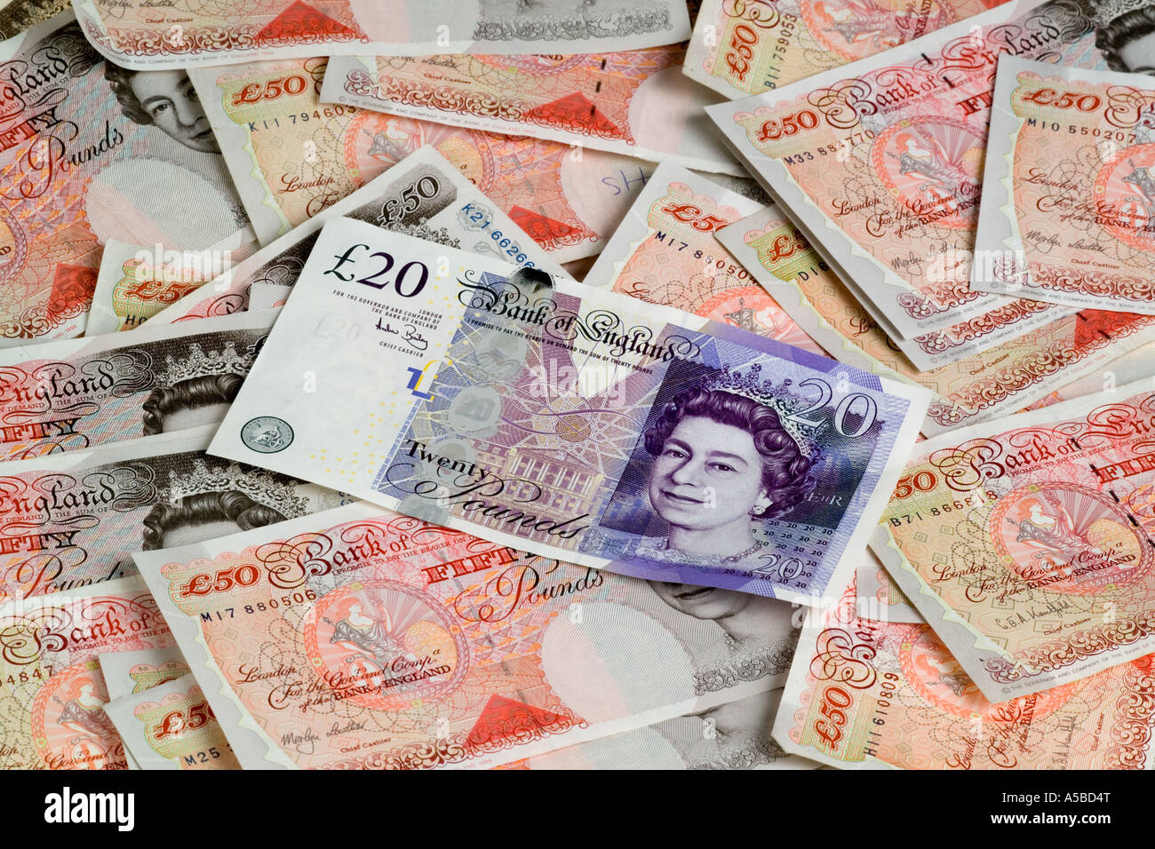 Diffusione di cinquanta pound note e 2007 nuova banconota 20 Foto Stock