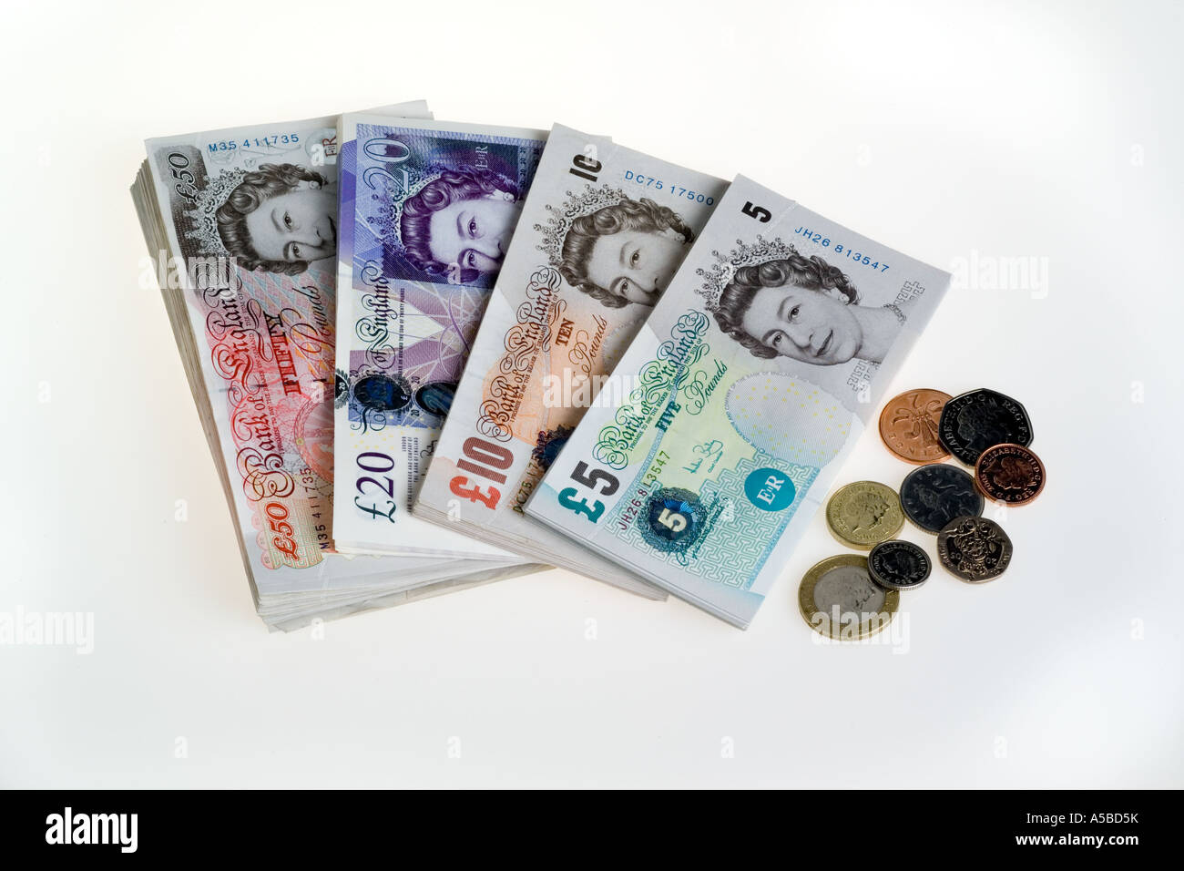 Tutti British banconote £5 £10, £20, £50 e monete DEL REGNO UNITO Foto Stock