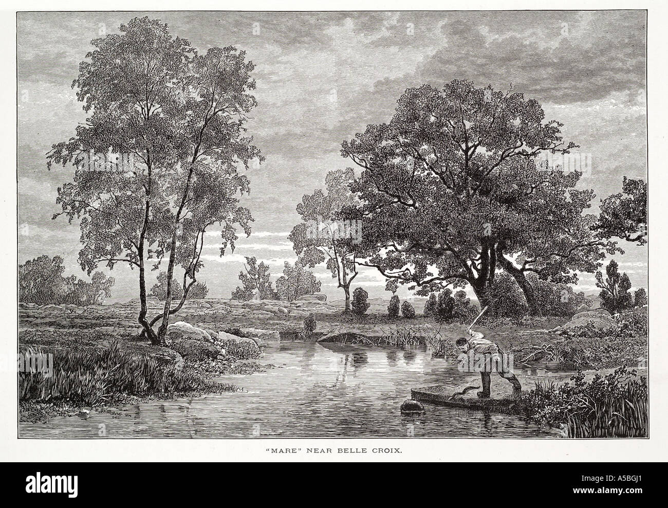 Mare puro stagno lago belle croix Foresta Fontainebleau Ile de France La foresta francese tree anguilla catture kill Stick uomo aperto Foto Stock