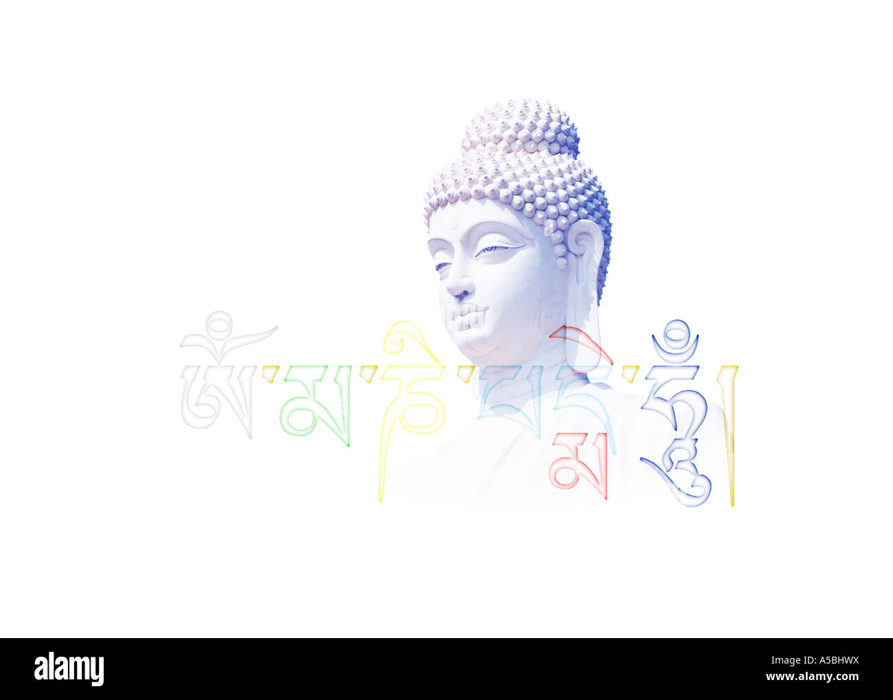 Bianco blu testa di Buddha e Tibetano Om mani padme hum mantra Foto Stock