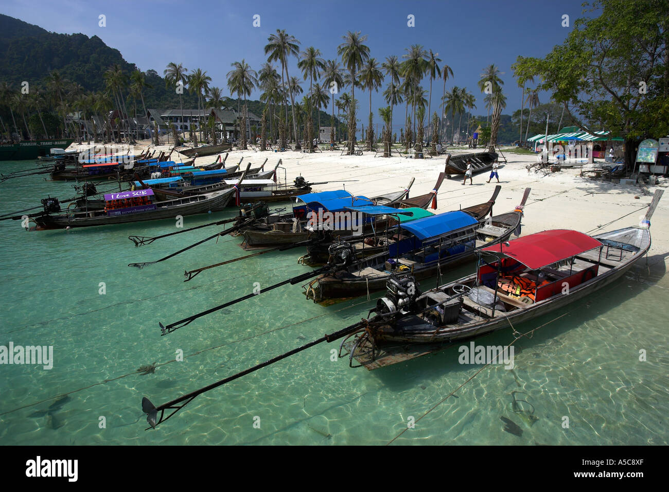 Longtail tradizionali barche tirate su Ao Tonsai Beach dove onde di maremoto ha spazzato a terra Isola di Phi Phi Foto Stock