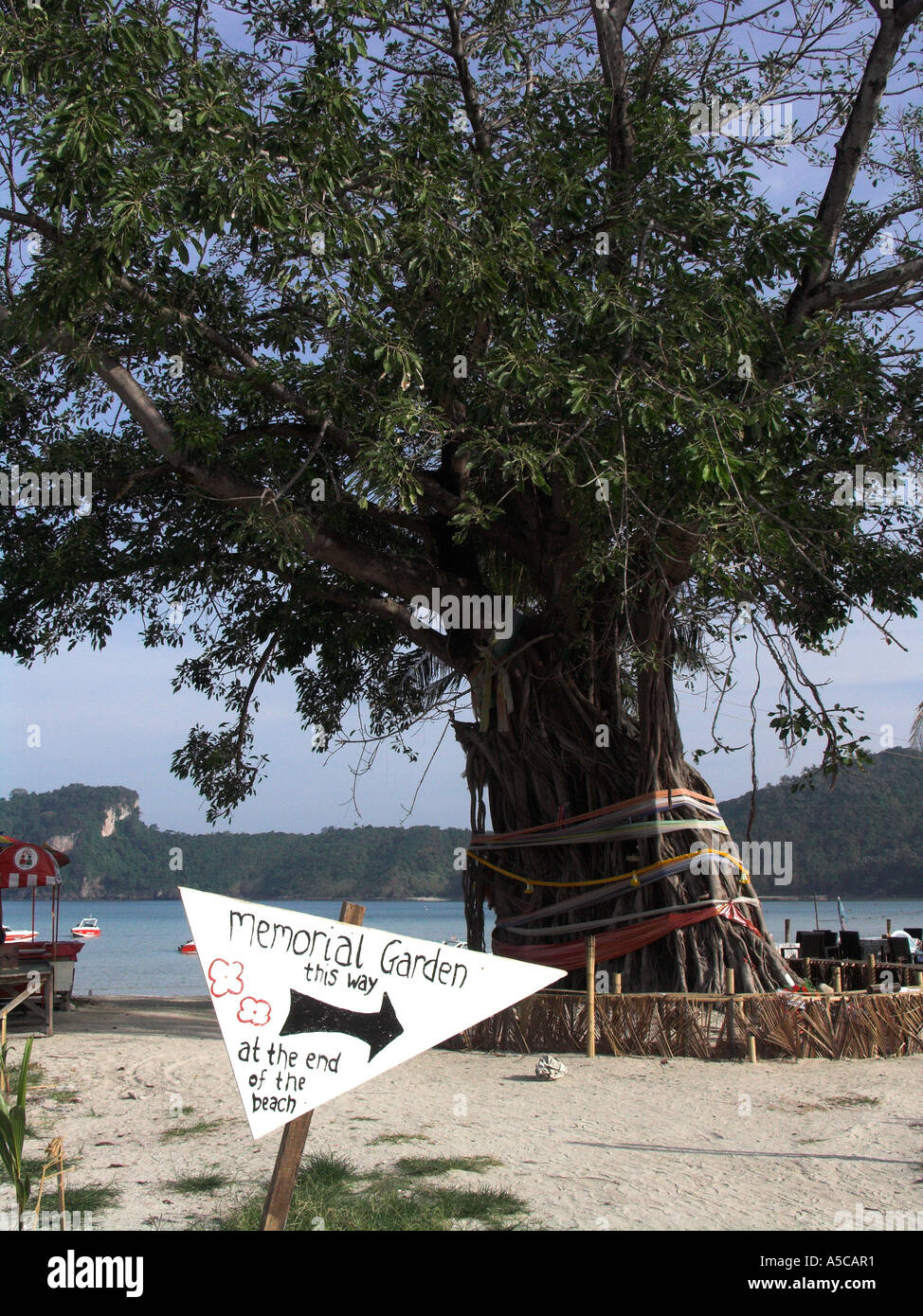 Segno post Tsunami Memorial Park Ao Lo Dalam beach Phi Phi Island Thailandia Foto Stock
