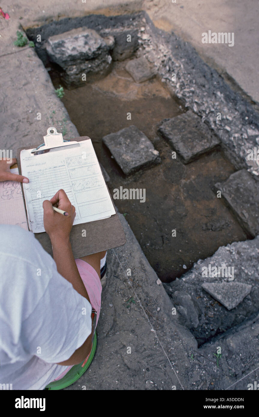Archeologo prendendo appunti in uno scavo Foto Stock