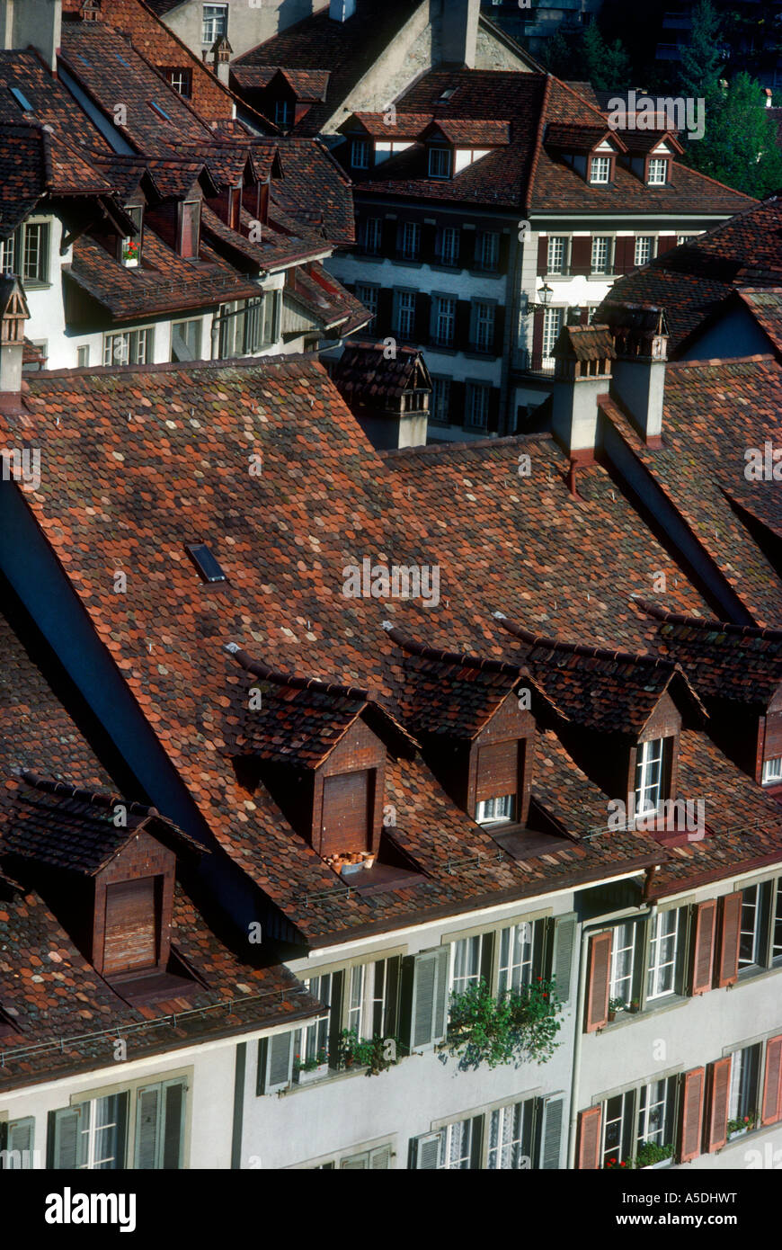 Chiusura del tetto di tegole rosse e cime sui tradizionali edifici antichi a Berna, Svizzera Foto Stock