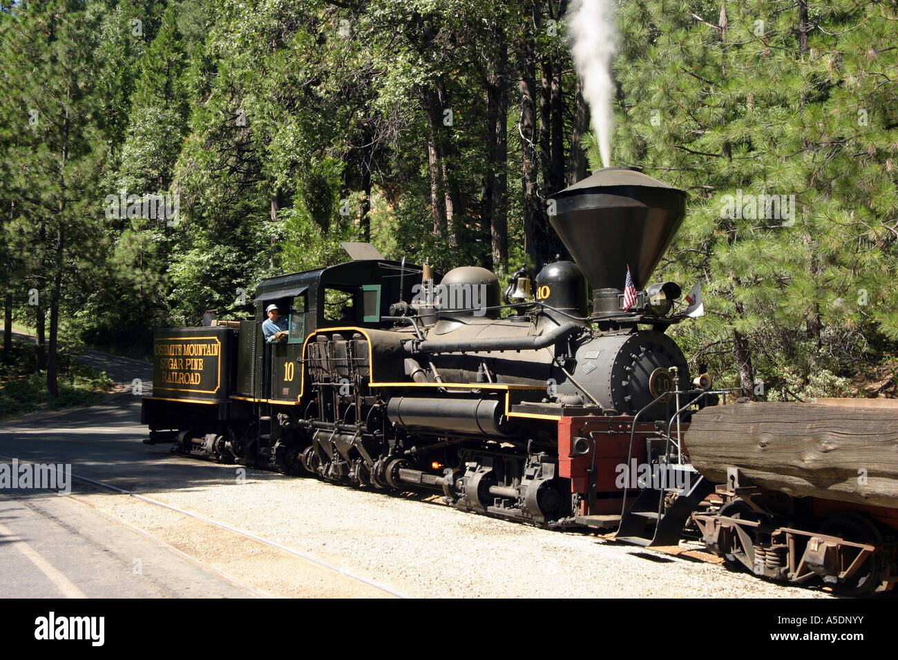 Locomotiva a vapore, Yosemite Mountain " zucchero " Pine Railroad, Yosemite National Park, California, Stati Uniti d'America Foto Stock