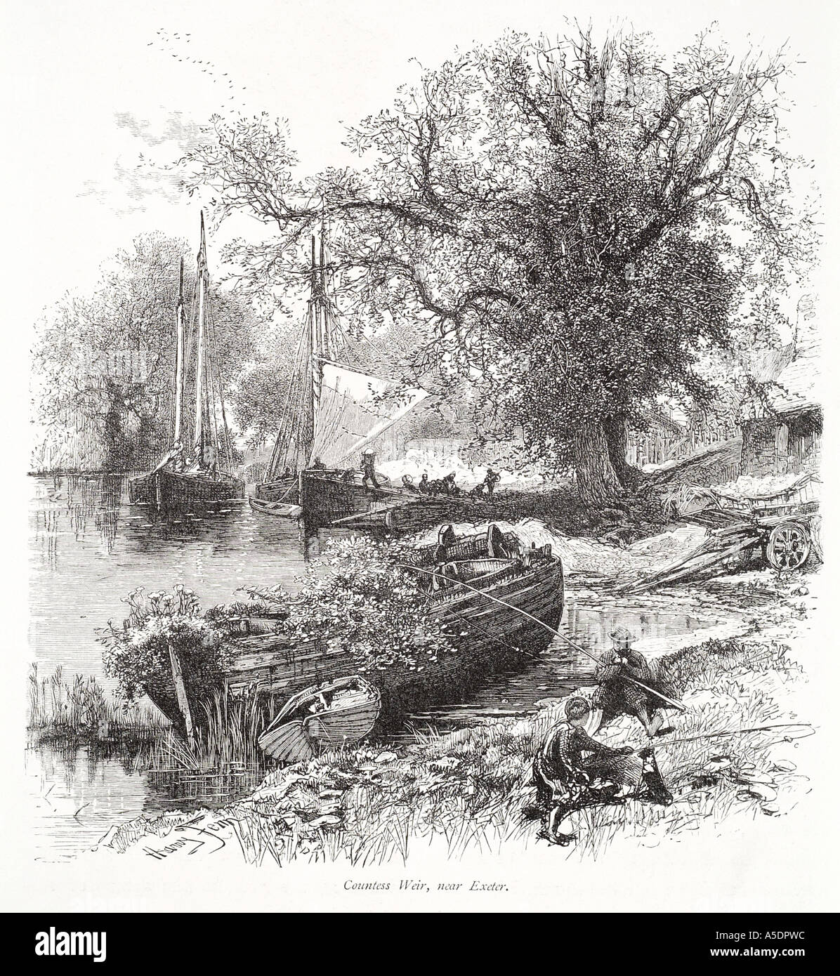 La contessa weir Exeter Devon Devonshire canna da pesca pescatore vela barca a remi di acqua di fiume Inghilterra Inglese UK GB Regno Unito Gr Foto Stock