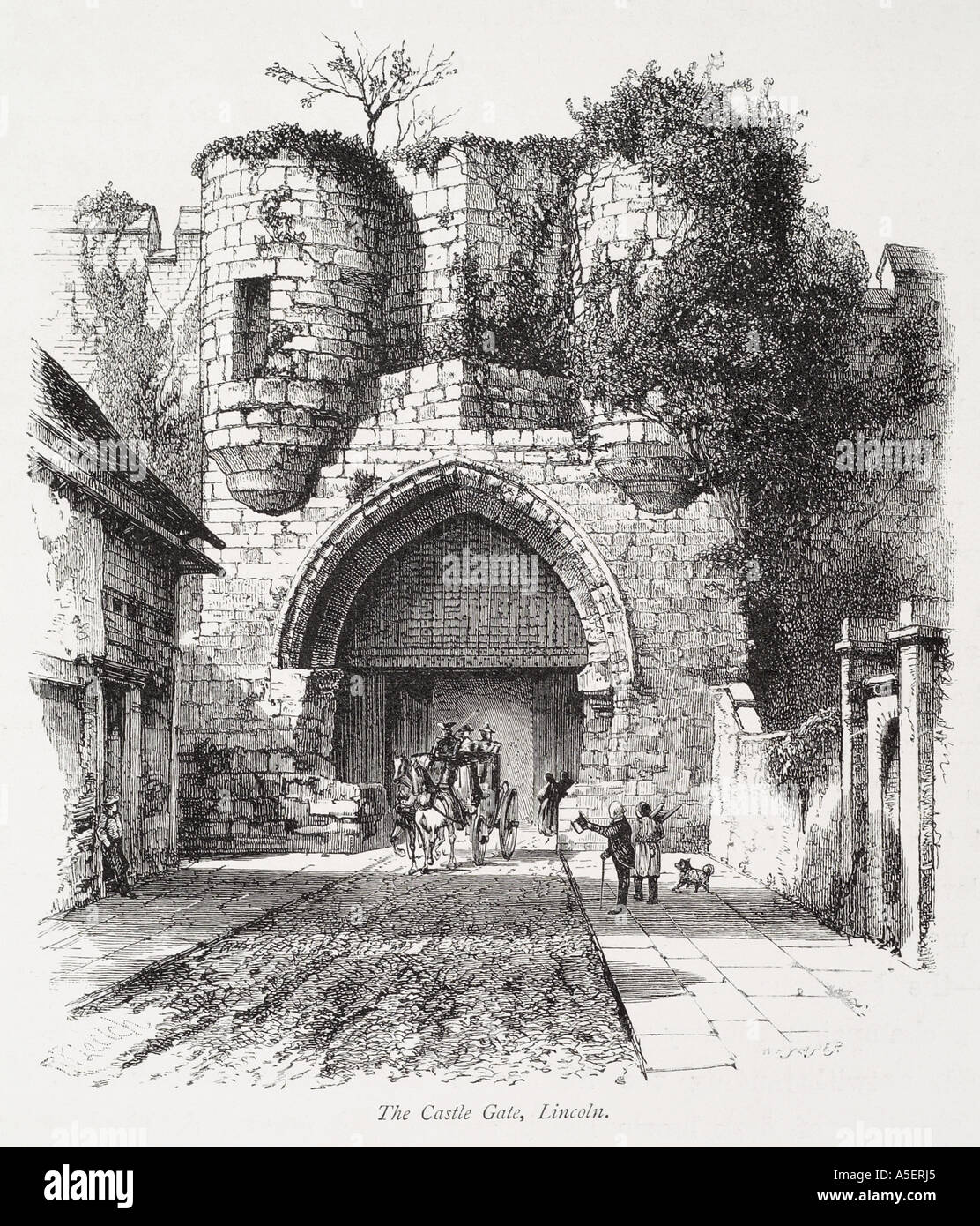 La porta del castello Lincoln Lincolnshire arco medievale carrozza strada torretta merlata Inghilterra Inglese UK Regno Unito GB grande Foto Stock