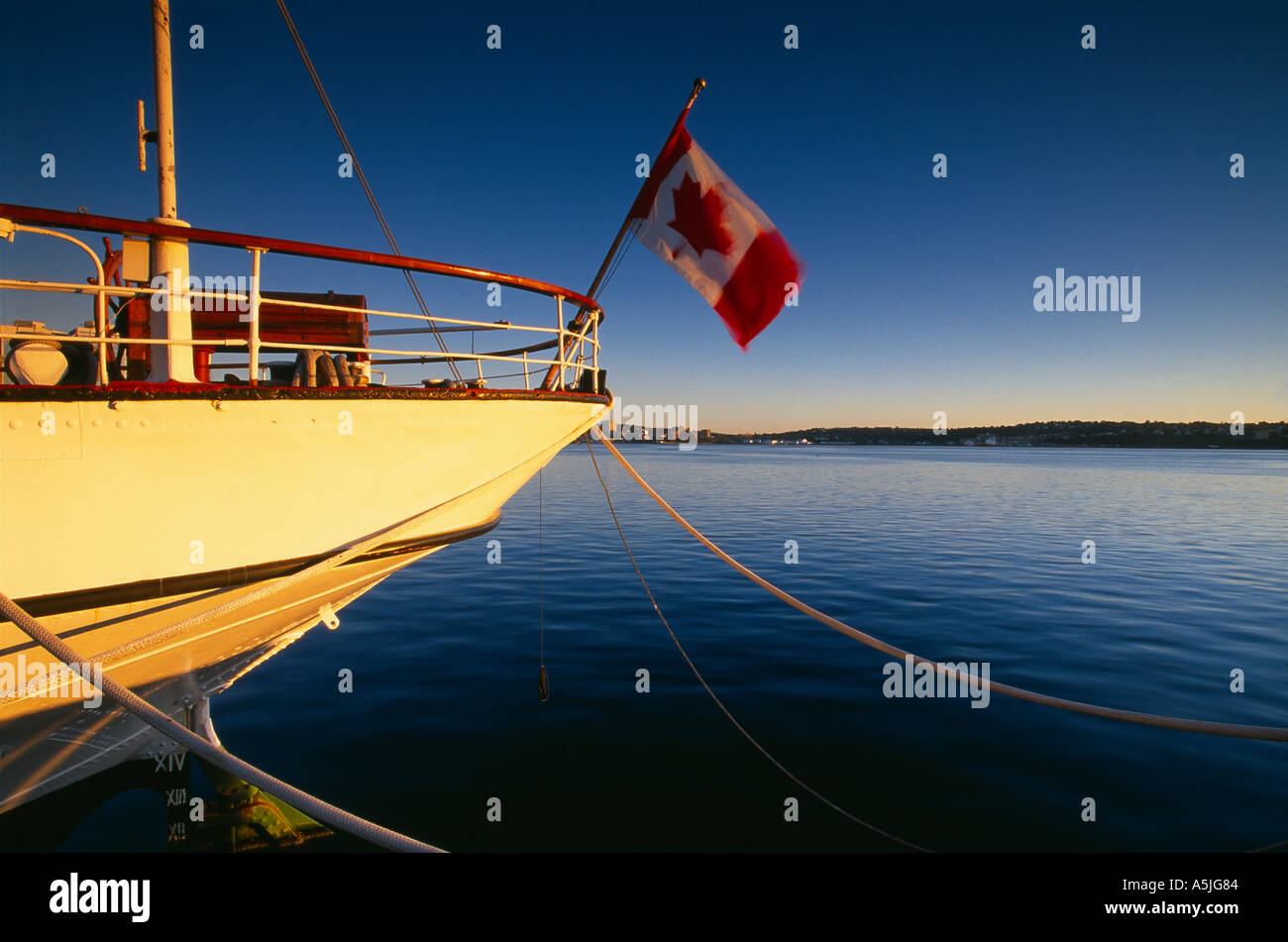 La bandiera canadese battenti dalla poppa dell'Arcadia Halifax Harbour Halifax Nova Scotia Canada Foto Stock