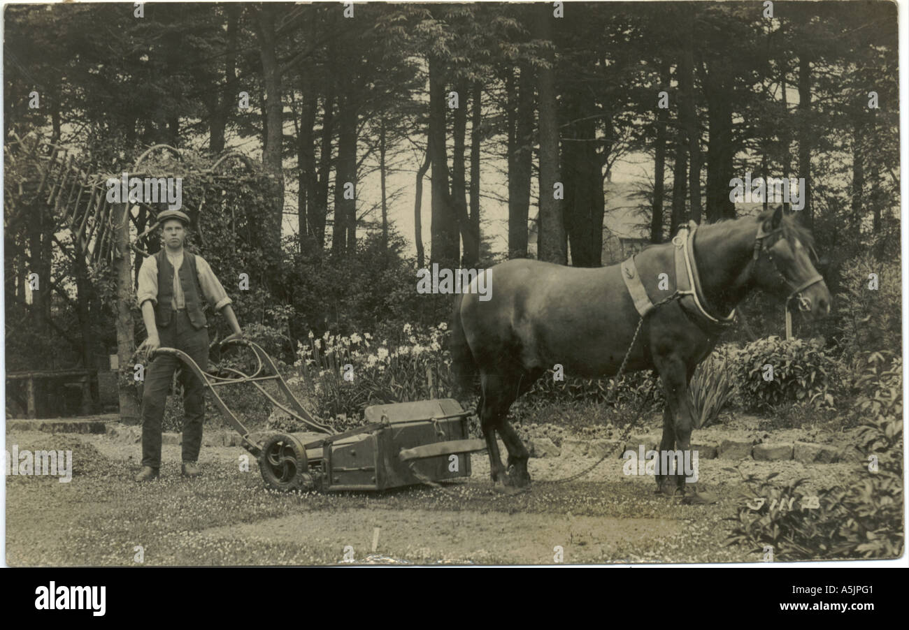 Cavallo e tosaerba Cartolina fotografica postally utilizzati 1910 Foto Stock