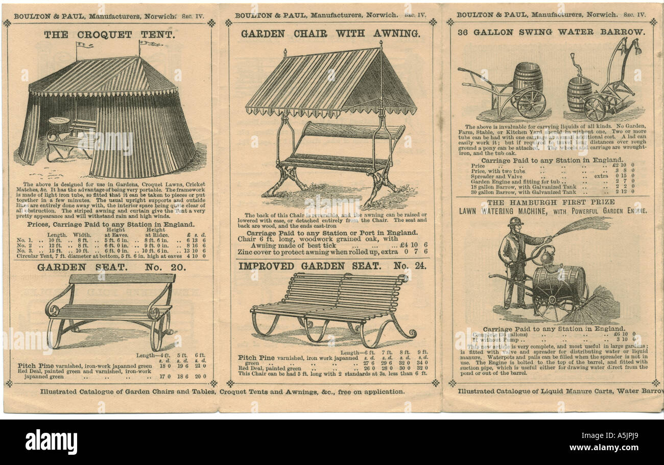 Opuscolo pubblicitario con prezzi per attrezzature da giardino da Boulton & Paolo, Norwich, Norfolk, nel 1860 circa. Foto Stock