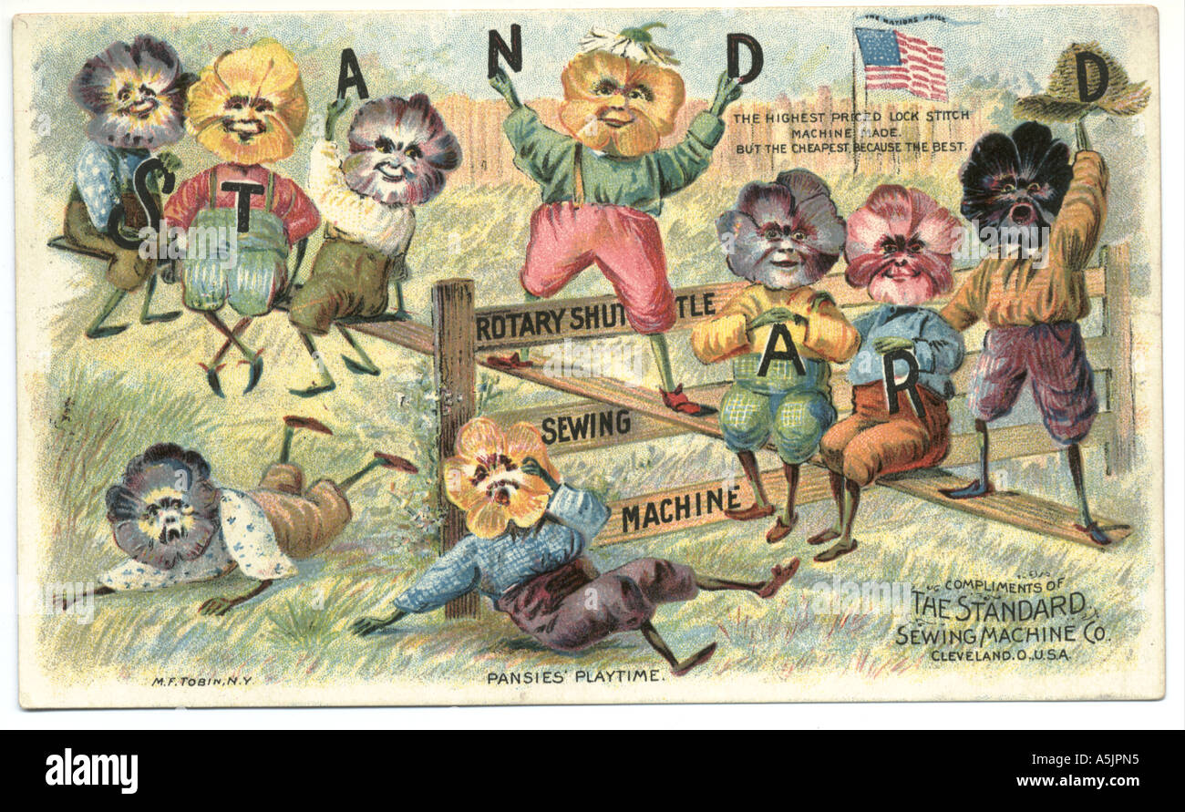 American scheda commerciale standard per la macchina da cucire Co., circa 1890, intitolato " Pansies Playtime Foto Stock
