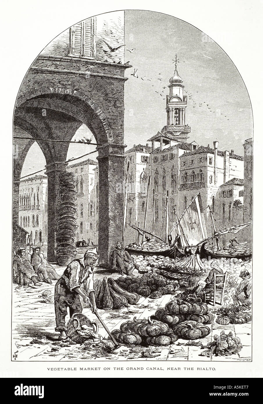 Grande Venezia Venezia Veneto Italia Italiano gondola sul canale di pietra barca il trasporto per via navigabile scambi zucca uomo lavoro fresco il cibo sa Foto Stock