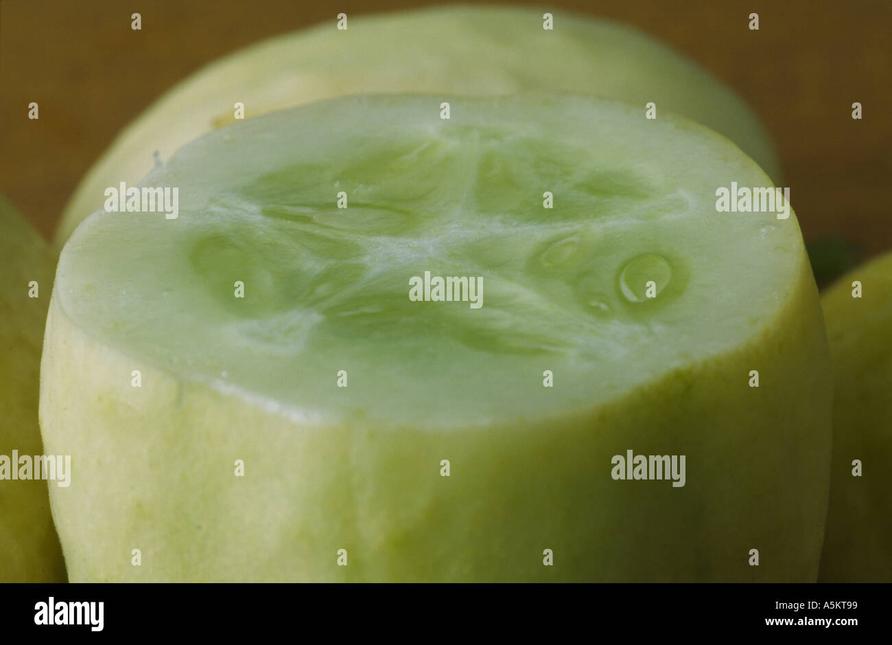 Cucumis sativus 'Crystal Apple'. Bianco rotondo cetriolo con top cut off  che mostra i semi e la pasta di legno Foto stock - Alamy