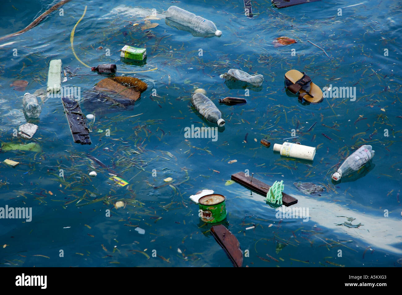 Le bottiglie di plastica e spazzatura / cestino galleggianti in mare, Maldive. Foto Stock