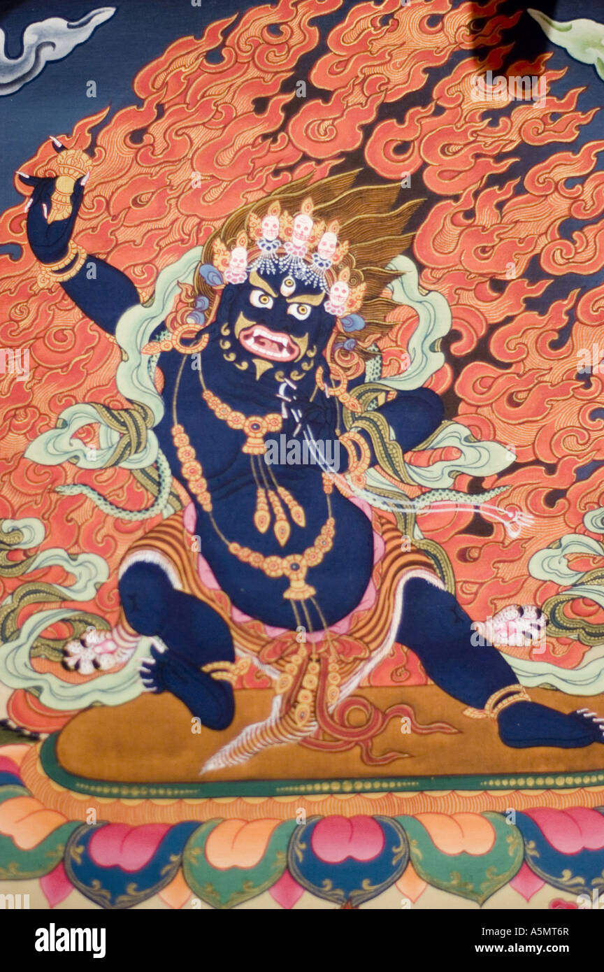 Ritratto di irata bodhisattva Vajrapani su tangka Tibetani del Tibet di verniciatura Foto Stock