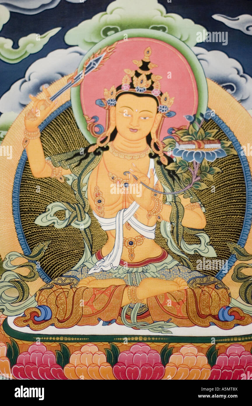 Ritratto di Buddha di saggezza con la spada Manjushri su tangka Tibetani del Tibet di verniciatura Foto Stock