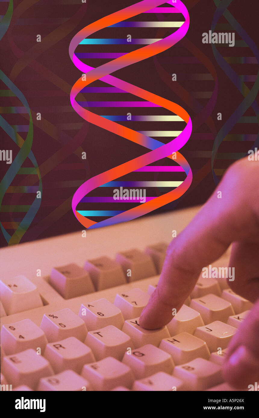 Computer generato il filamento di DNA con tastiera Foto Stock