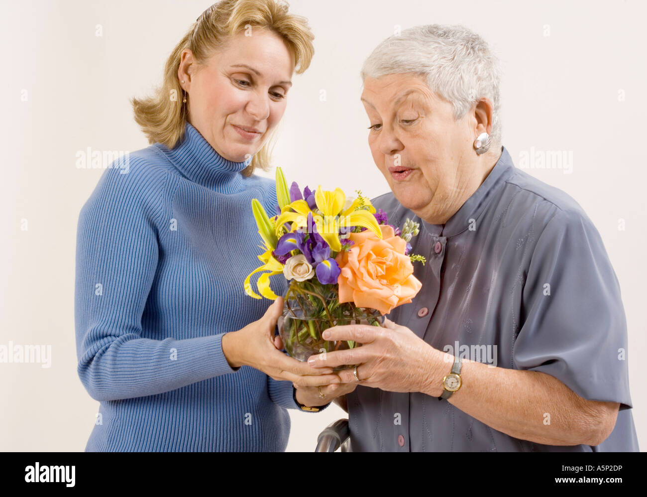 La figlia o un amico dà ai fiori di adulto. Foto Stock