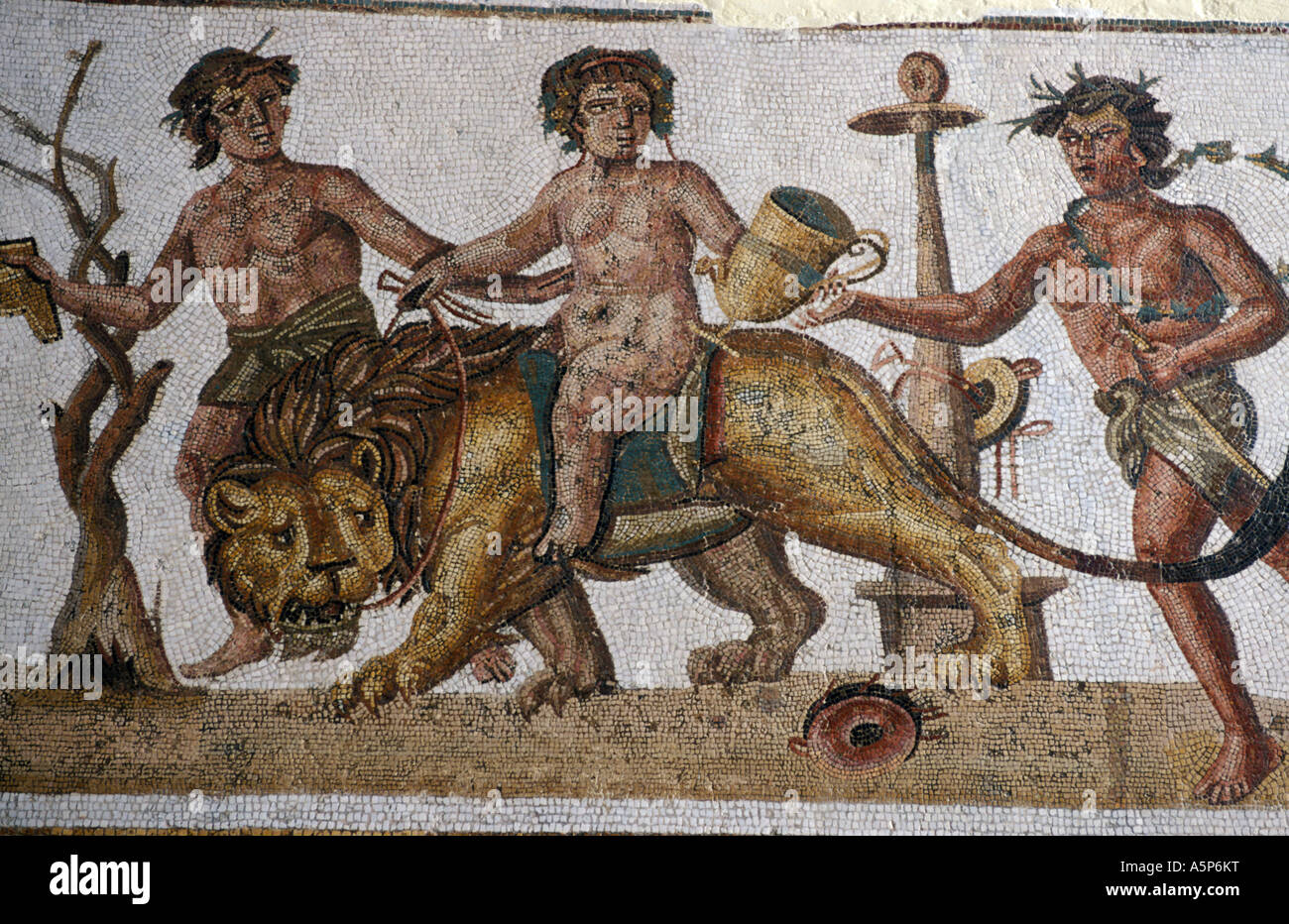 Museo di El Jem mosaico Dioniso cavalcare un Leone II secolo El Jem Thydrus Tunisia Foto Stock