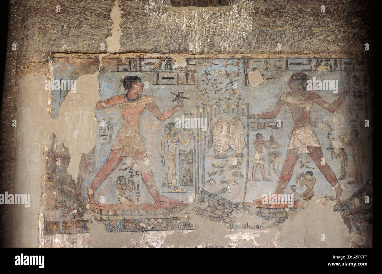 La pittura del figlio di Mekhu, la caccia degli uccelli, tomba di Mekhu, le tombe dei nobili, Aswan, Egitto Foto Stock
