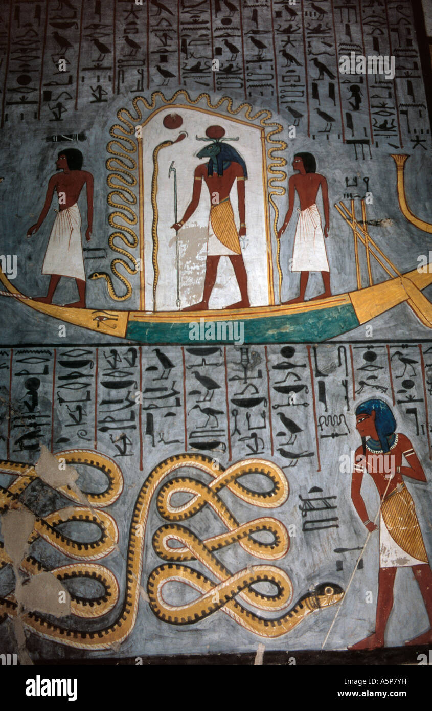 La pittura della barca di Ra nella camera di sepoltura nella tomba di Ramses I, Valle dei Re, Luxor, Egitto Foto Stock