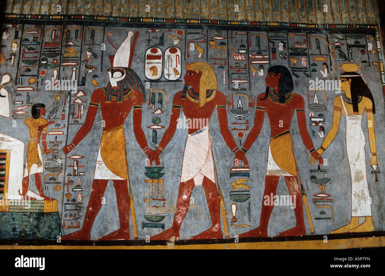 La verniciatura nella camera di sepoltura nella tomba di Ramses I, Valle dei Re, Luxor, Egitto Foto Stock