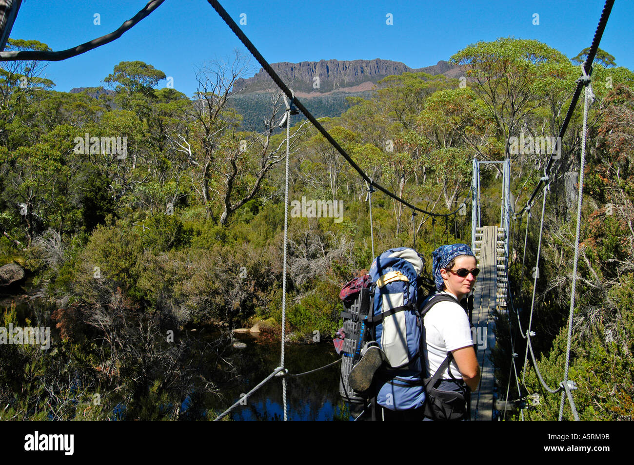Escursionista nella parte anteriore del ponte di sospensione in overland track in cradle mountain nationalparktasmania australia Foto Stock