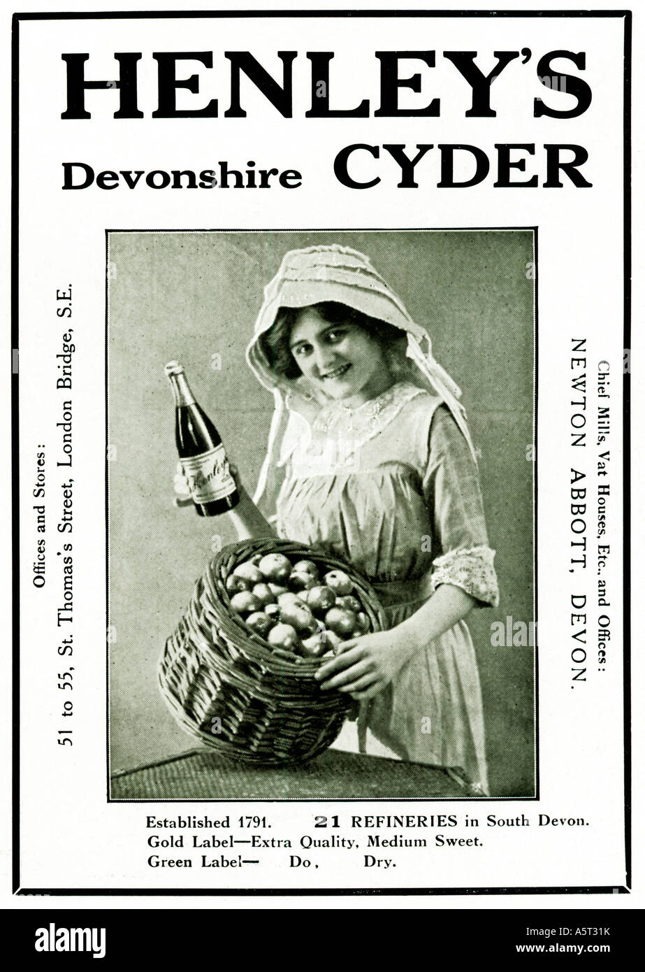 Henleys Devonshire sidro 1914 spot per la Devon imbottigliato il sidro di mele con 21 raffinerie in South Devon Foto Stock