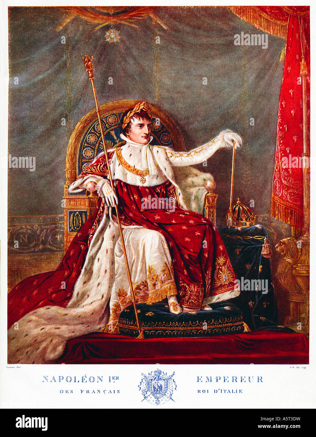 Napoleone 1er Empereur seduto sul trono a sua incoronazione nel 1805 ritratto da PM Alix dopo Garnerey Foto Stock