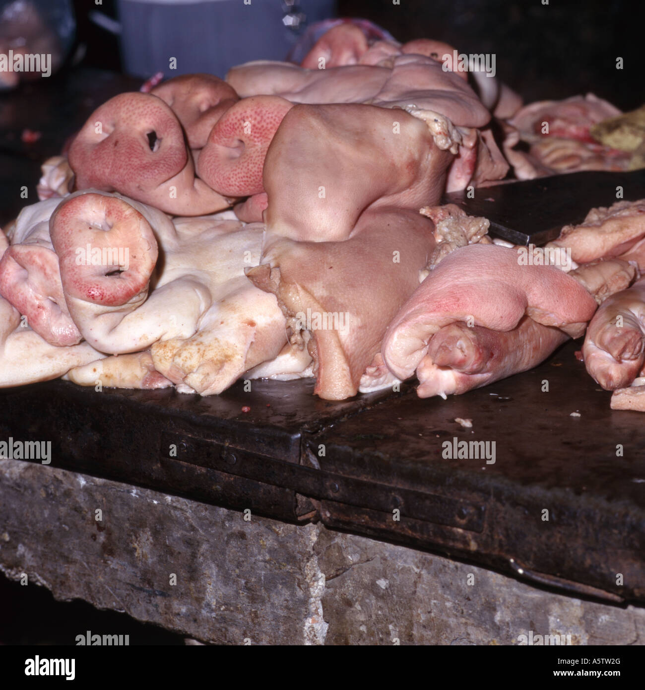 Facce di suini impilati per la vendita su un tavolo di legno nel piccolo mercato locale,nella provincia dello Yunnan,Cina. Foto Stock