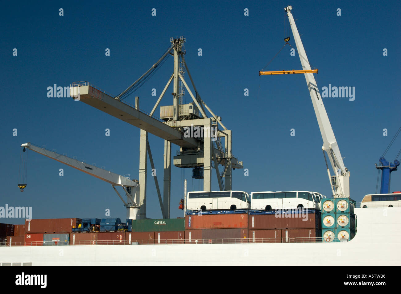 Contenitore grande nave beeing caricati al porto di Amburgo Germania Foto Stock