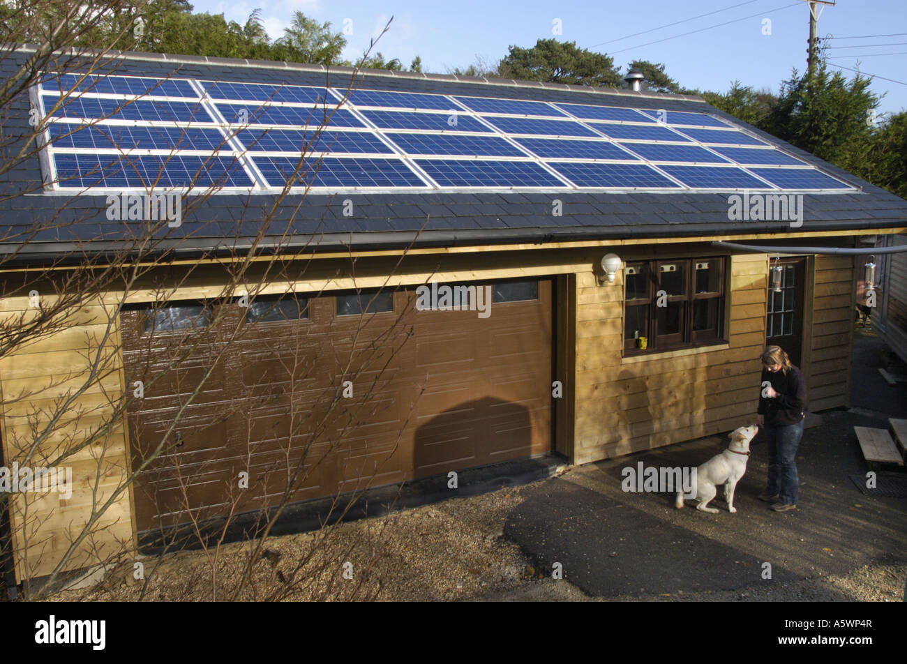 Energia solare fotovoltaica in foto i pannelli su un tetto di garage in East Devon England Foto Stock