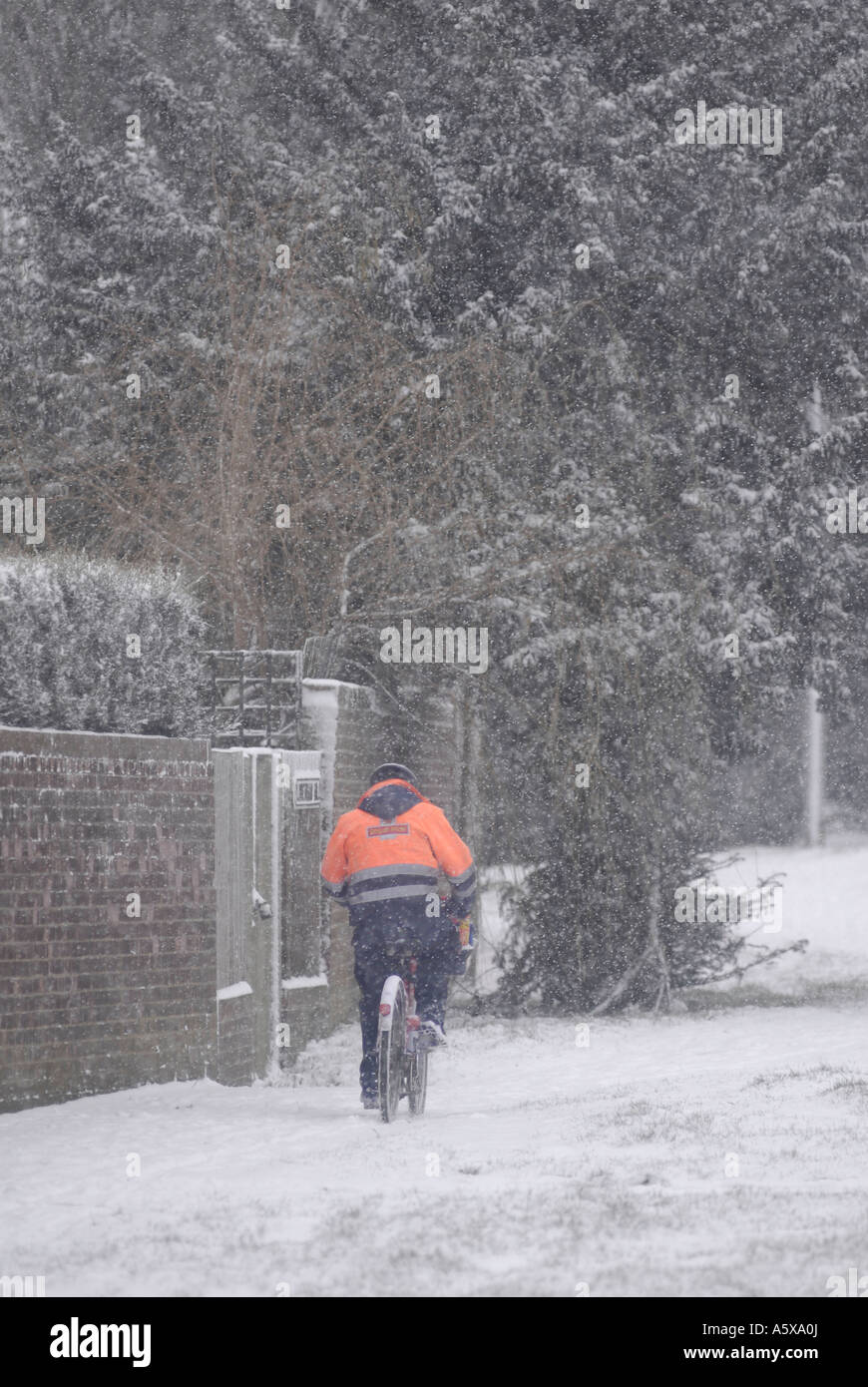 Portalettere lavorando sodo su un inverni nevosi mattina Inghilterra Foto Stock