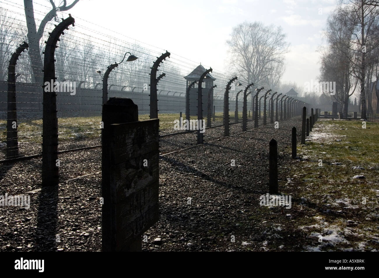 Filo spinato al campo di concentramento nazista di Auschwitz 1 vicino a Cracovia in Polonia Foto Stock