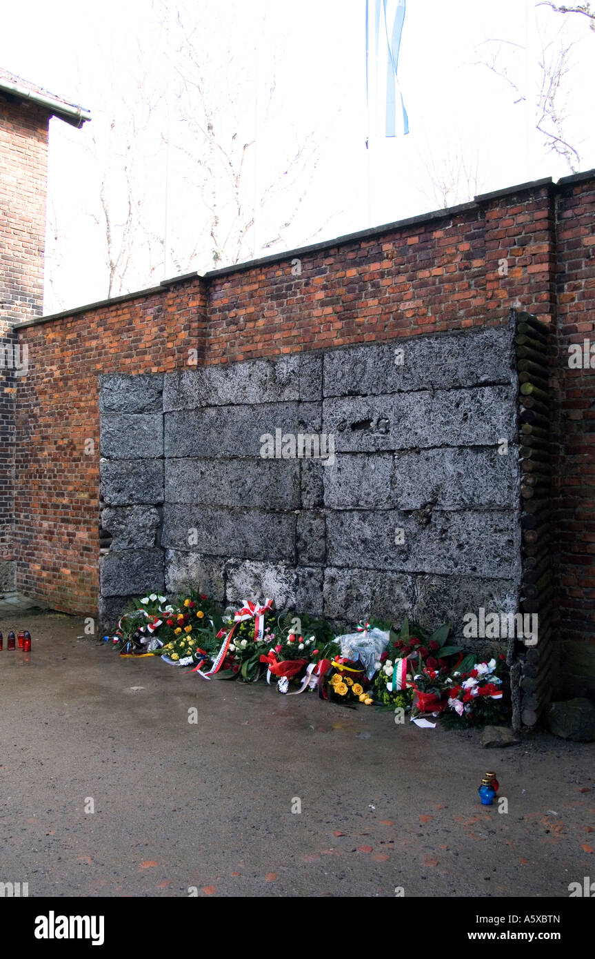 La famigerata parete di morte dove i prigionieri furono fucilati nel campo di concentramento nazista di Auschwitz 1 vicino a Cracovia in Polonia Foto Stock