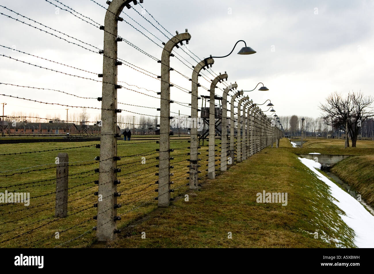 Filo spinato recinzioni in campo di concentramento nazista di Auschwitz-Birkenau vicino a Cracovia in Polonia Foto Stock