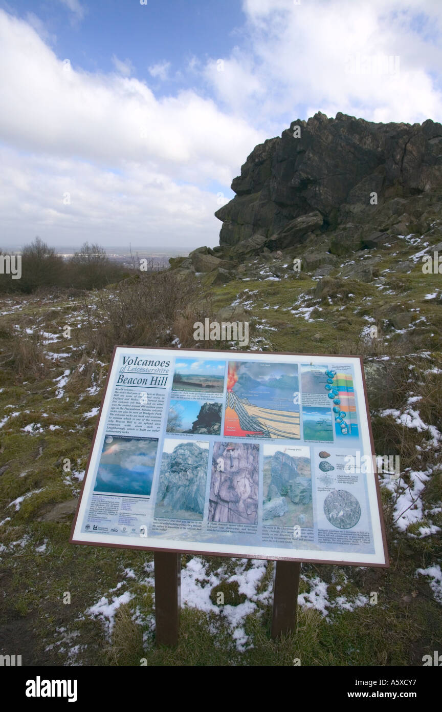 Una scheda di interpretazione che spiega circa vulcani sul faro, vicino a Loughborough, Leicestershire, Regno Unito Foto Stock