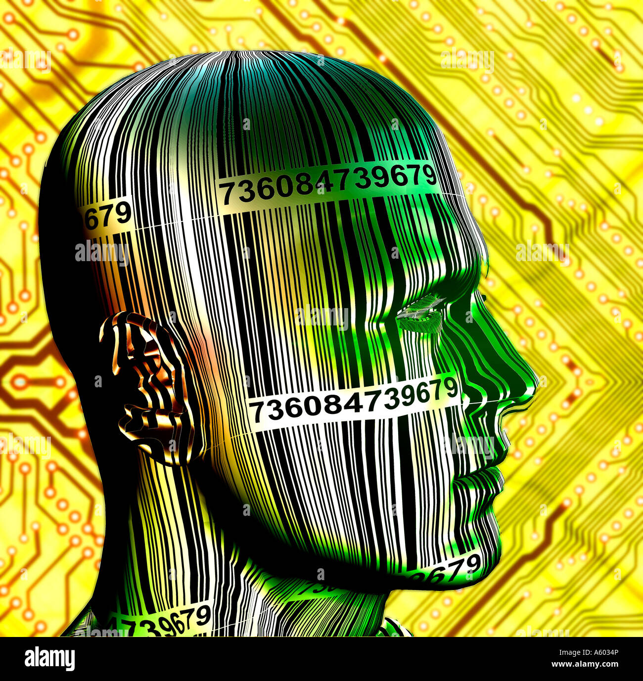 Computer robot generati in 3D con codice a barre miscelato sulla testa e sul circuito stampato sullo sfondo Foto Stock