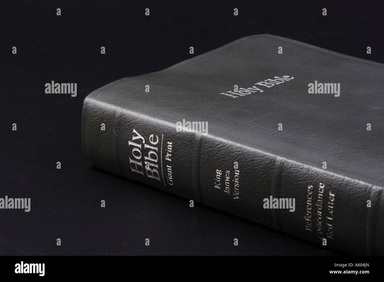 La Santa Bibbia mostra libro della colonna vertebrale con il titolo e le informazioni sulla versione in nero bacground Foto Stock