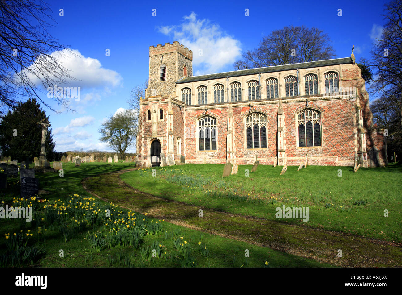 Una vista della chiesa parrocchiale di Santa Maria a Shelton, Norfolk, Inghilterra, Regno Unito, Europa. Foto Stock
