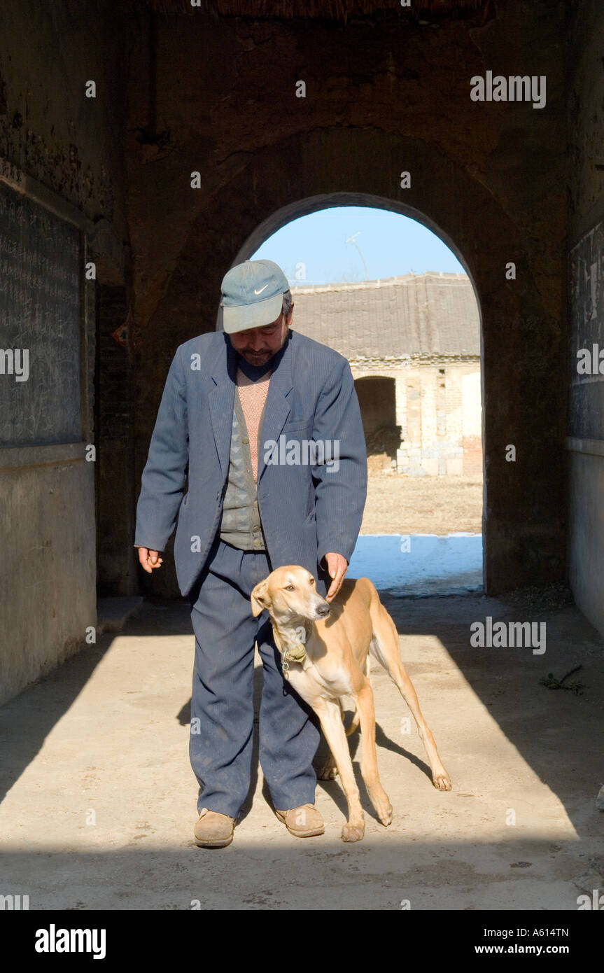 L'uomo agricoltore con pet greyhound hound lurcher cane da caccia nelle zone rurali del borgo agricolo di poli vicino Penglai, Provincia di Shandong, Cina Foto Stock