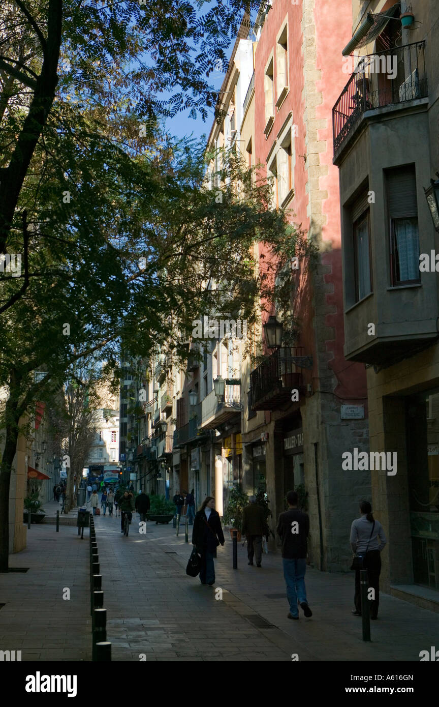 Persone che camminano in strada sotto ombra di alberi Carrer del Argenteria Born La Ribera Barcellona Catalonia Spagna Foto Stock