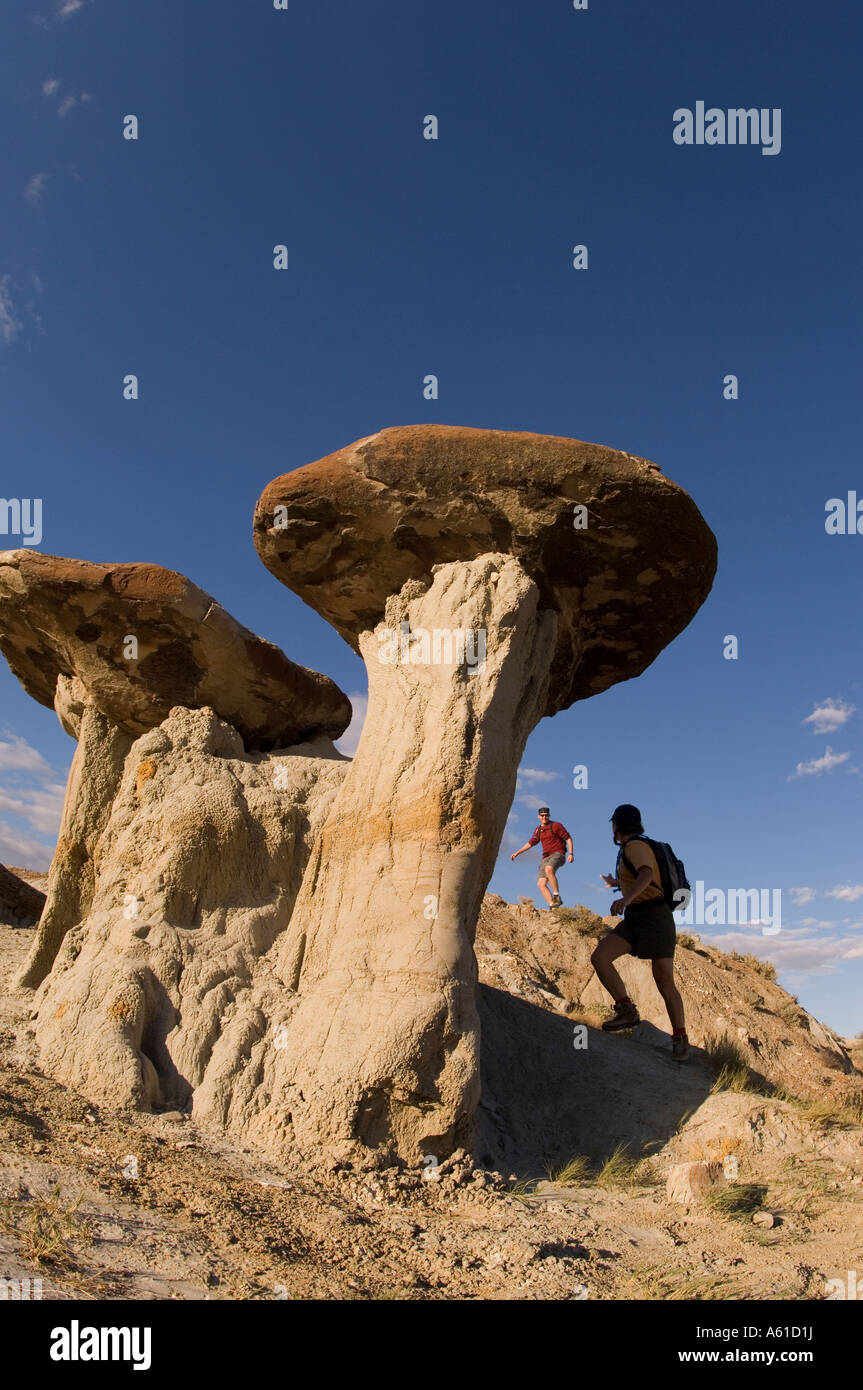 Gli escursionisti e una roccia del fungo nel Parco nazionale Theodore Roosevelt North Dakota Foto Stock