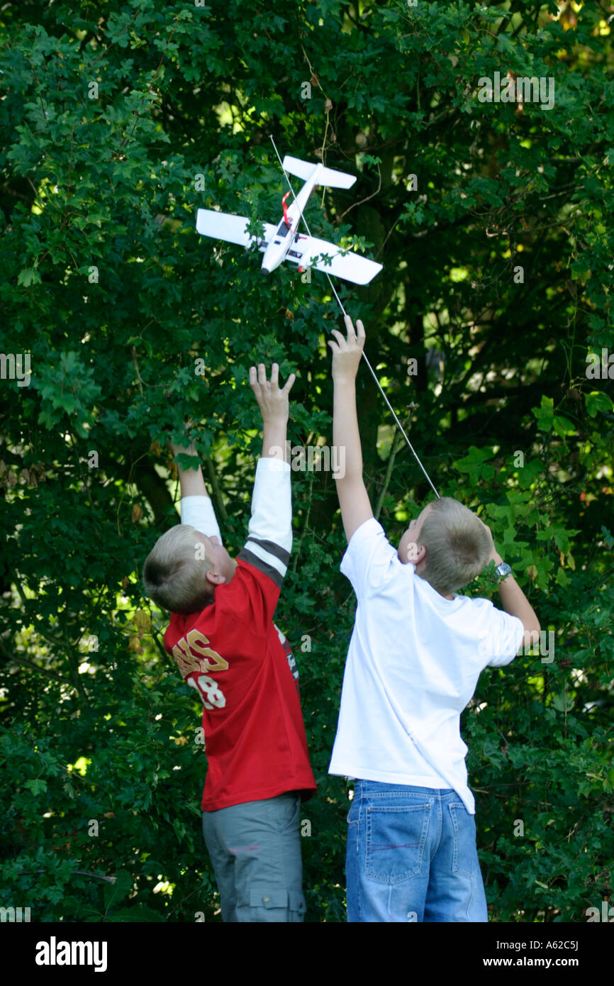 Due ragazzi cercando di ottenere il loro controllata in remoto fuori piano di un albero Foto Stock