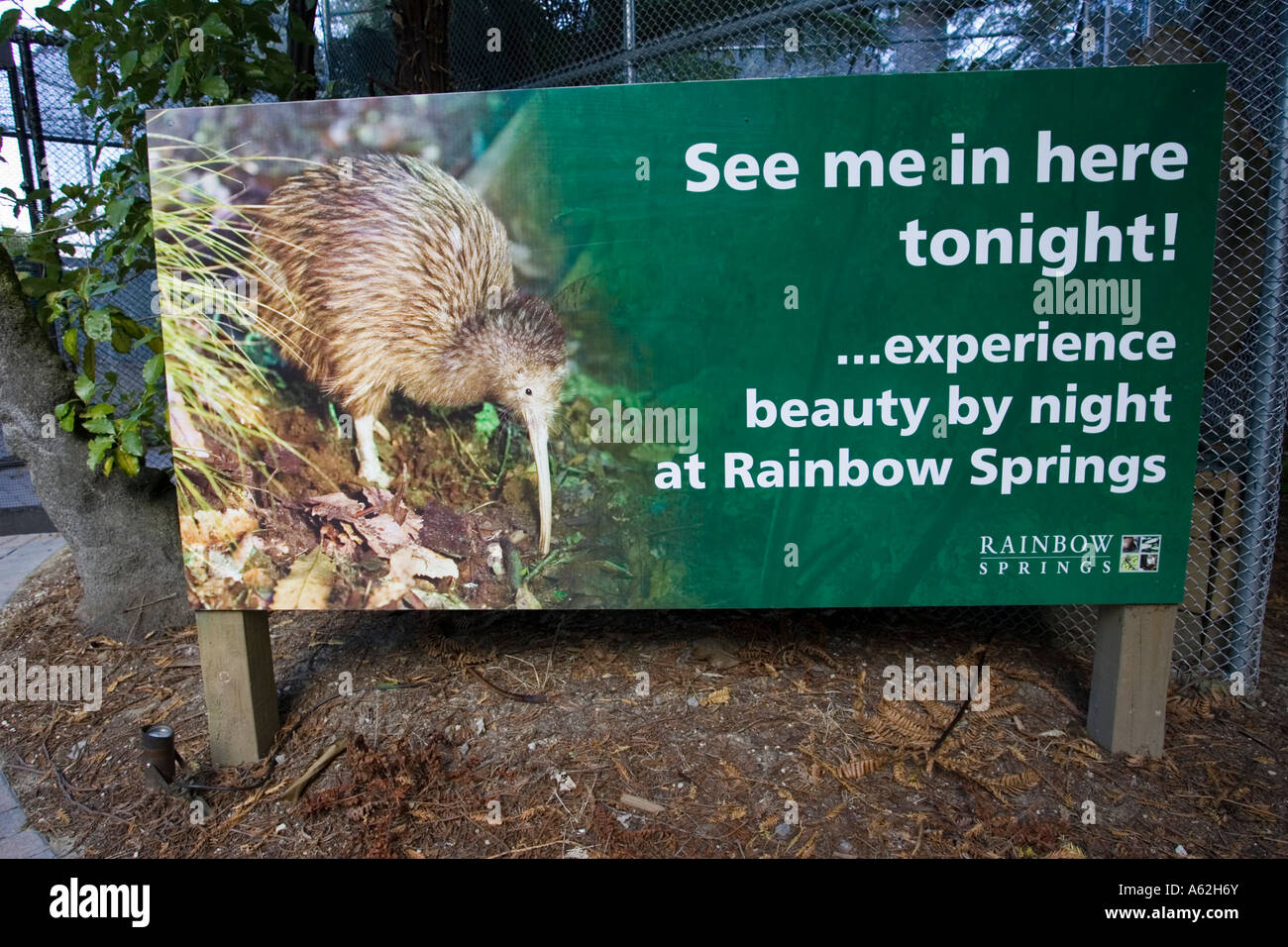Scheda display advertising kiwi visualizzazione di Rainbow Springs Rotorua Isola del nord della Nuova Zelanda Foto Stock