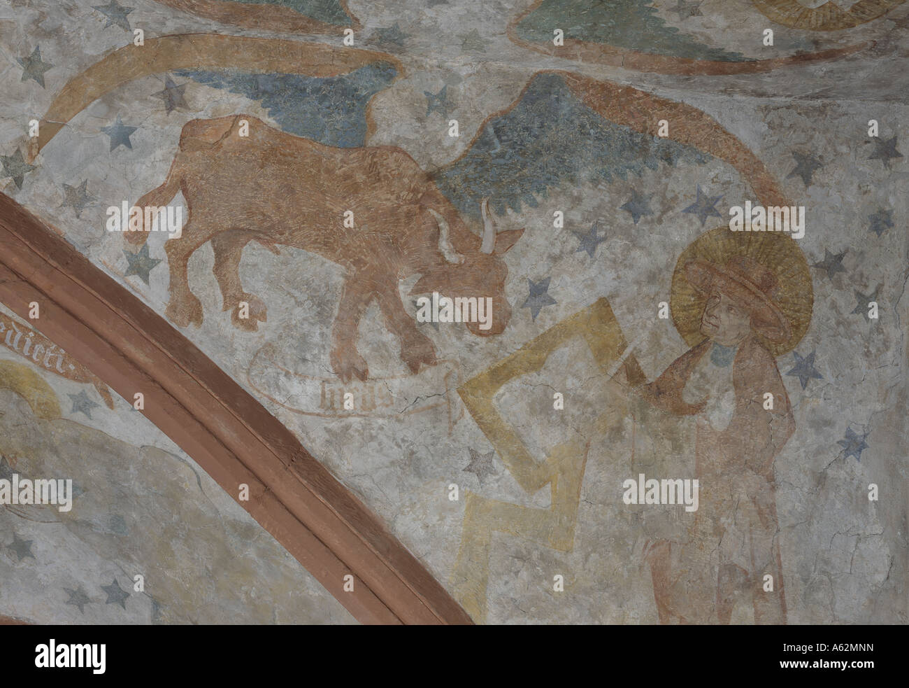 Püttlingen, Ortsteil Kölln, San Martino, Evangelische Chiesa Martinskirche, Chorfresko: San Hieronymus mit Stier Foto Stock